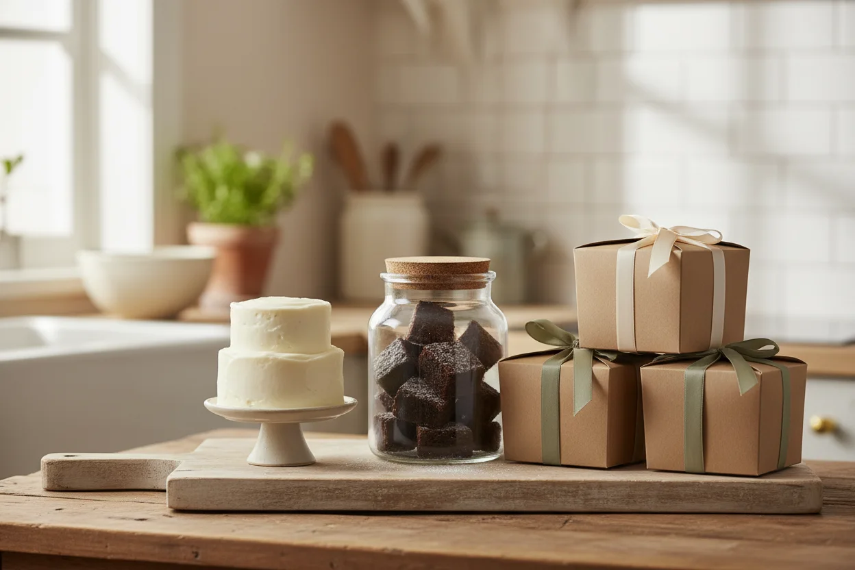 Cardápio de confeitaria em mesa com fotos de bolos decorados e caixas de docinhos