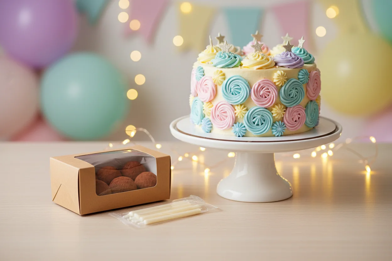 Bolo decorado ao lado de uma caixa de docinhos e velas formando um kit de aniversário