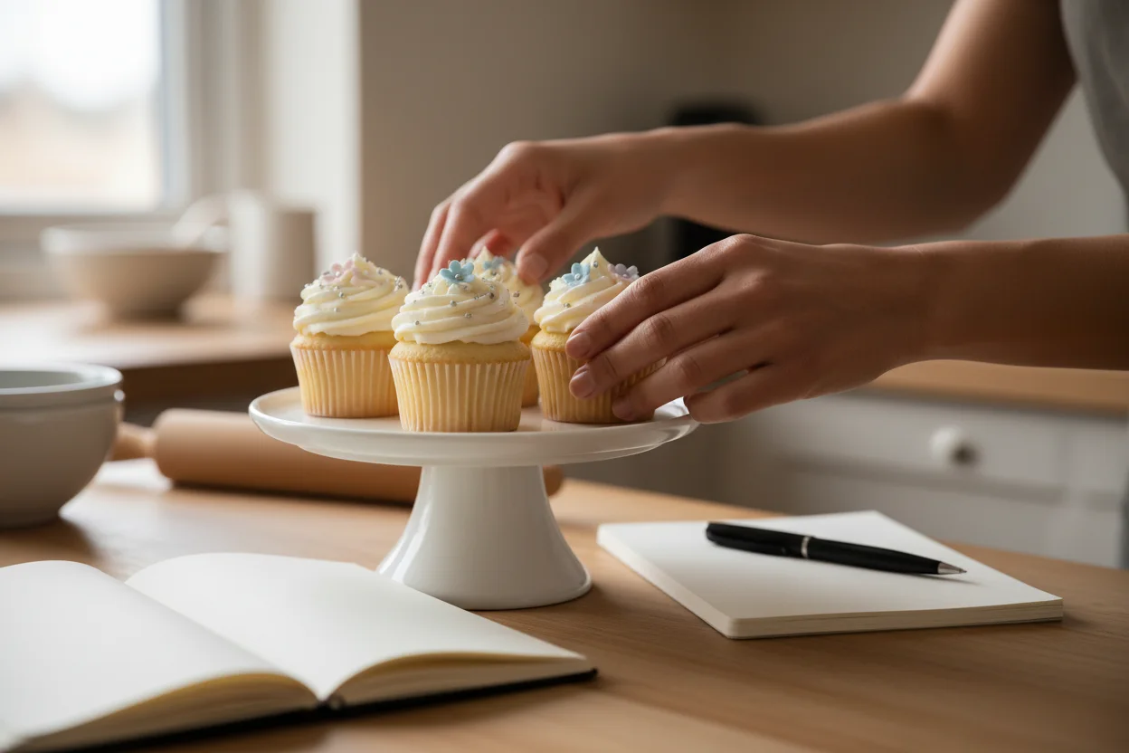 Mãos posicionando cupcakes decorados sobre um suporte branco em uma cozinha caseira, com caderno aberto ao lado