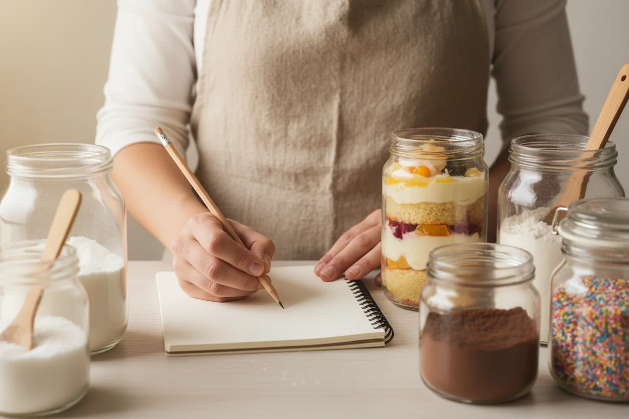 Confeiteira anotando em caderno em branco ao lado de pote e ingredientes