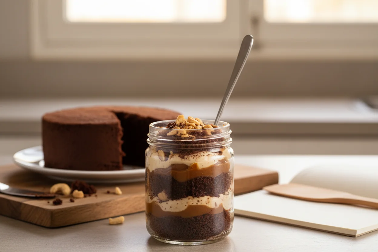 Pote de bolo em camadas com colher e bolo inteiro ao fundo