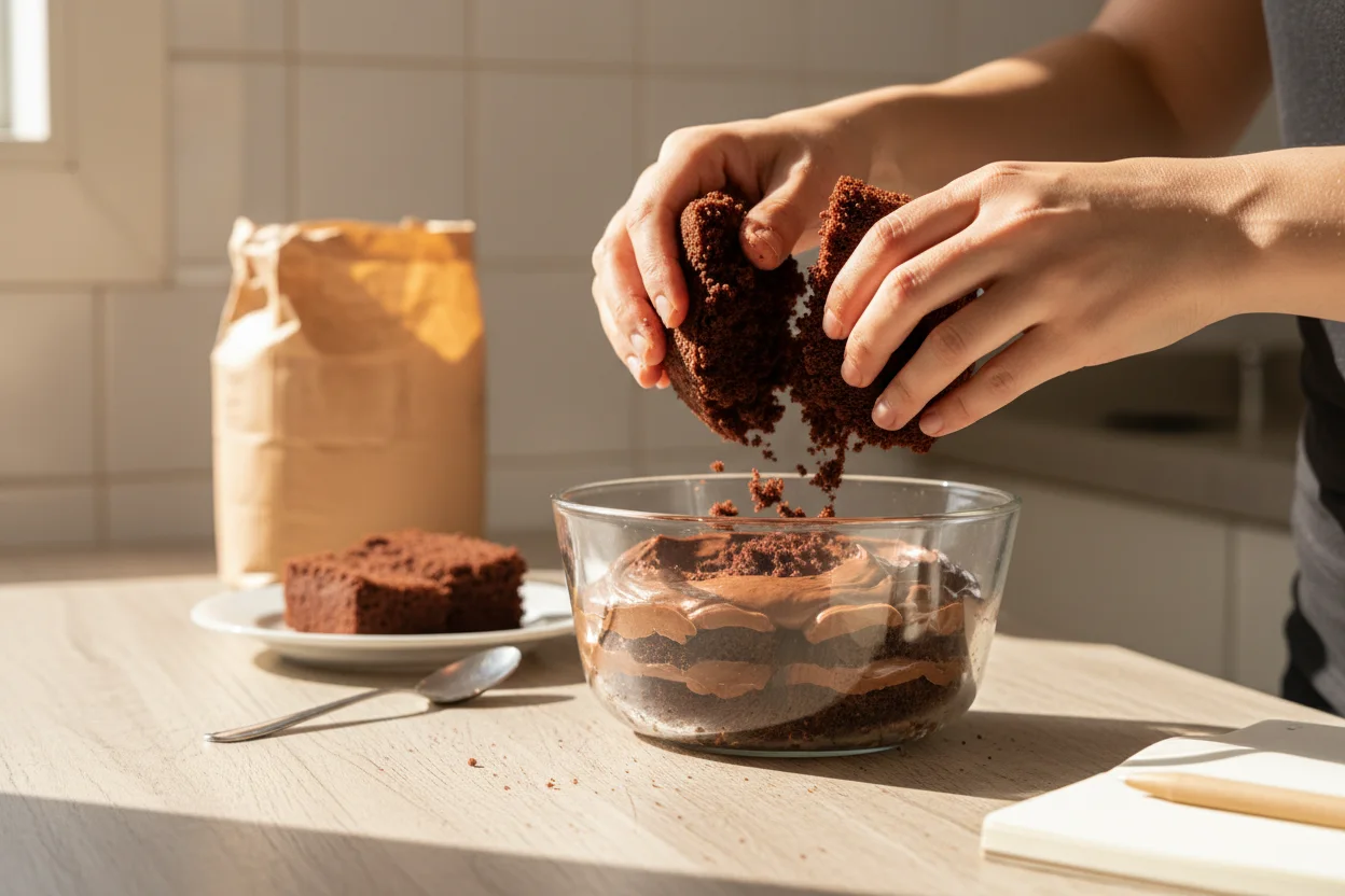 Mãos esfarelando massa de chocolate em tigela