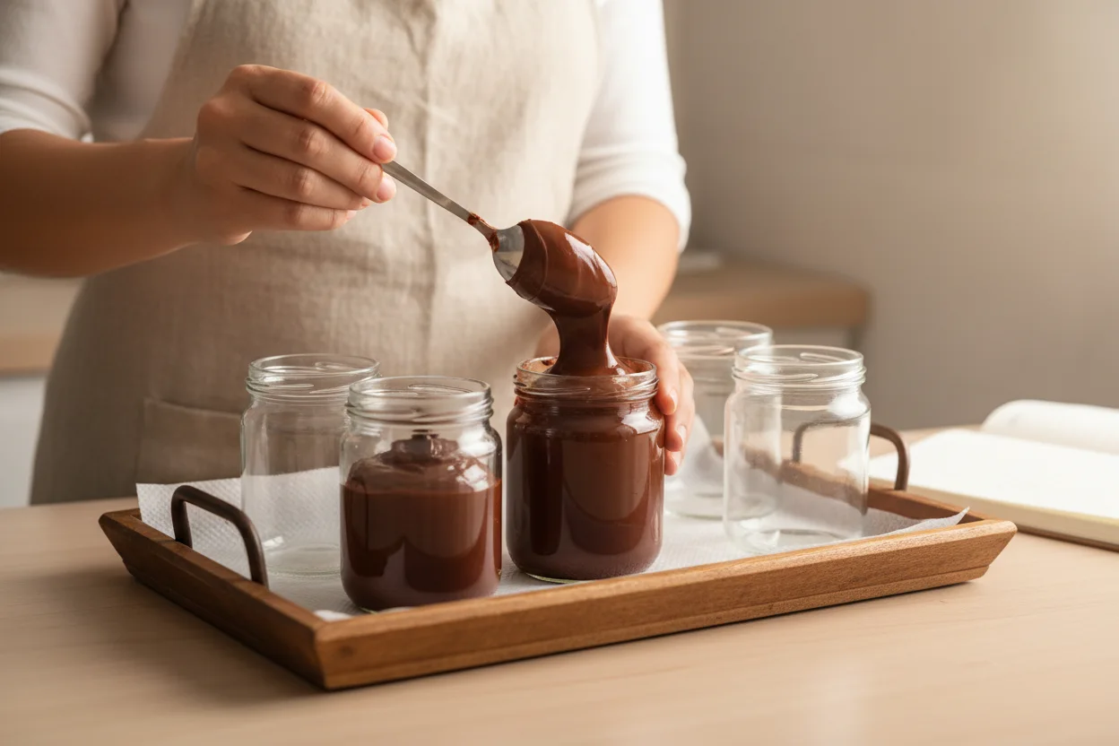 Confeiteira colocando recheio de brigadeiro no pote sobre bandeja
