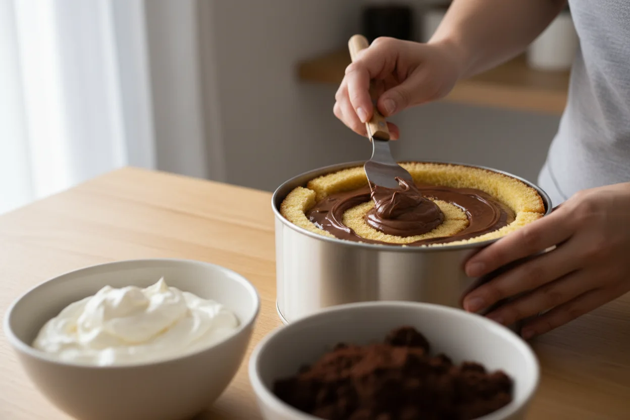 Maos espalhando recheio de brigadeiro sobre massa de bolo em forma de lata na bancada de cozinha