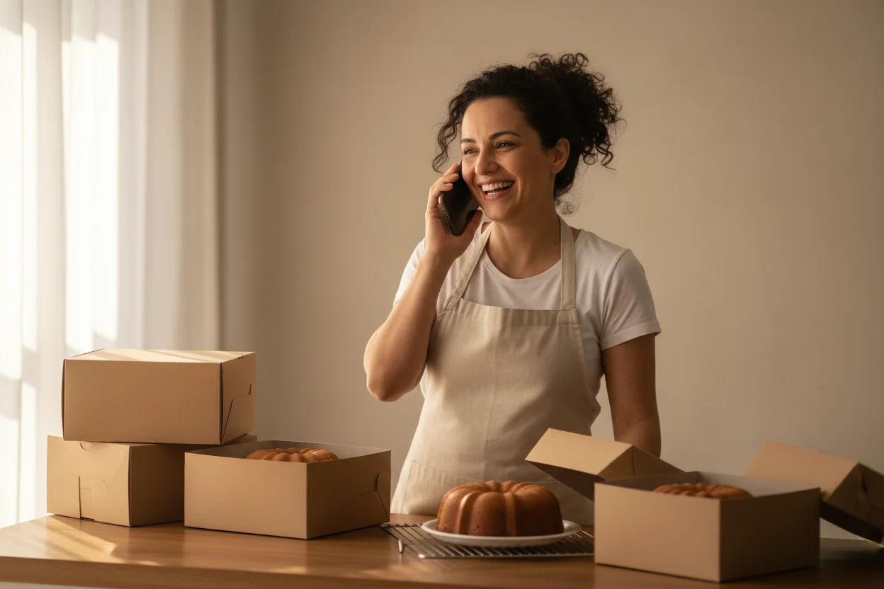 Confeiteira sorridente ao telefone com caixas de bolo prontas