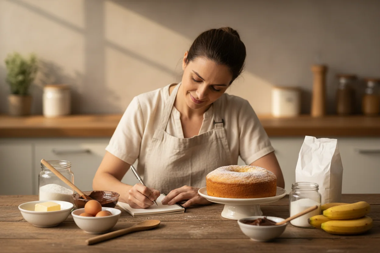 Confeiteira anotando em caderno ao lado de bolo pronto