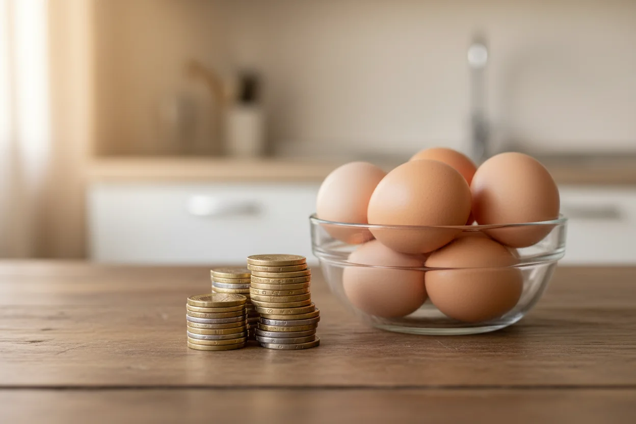 Moedas ao lado de ovos e farinha simbolizando custo de ingredientes