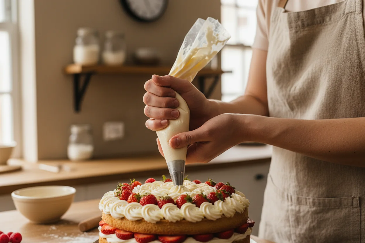 Confeiteira aplicando cobertura em bolo com saco de confeitar