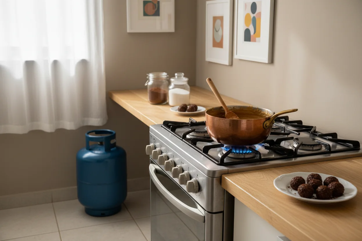 Forno a gás aceso com botijão ao lado na cozinha