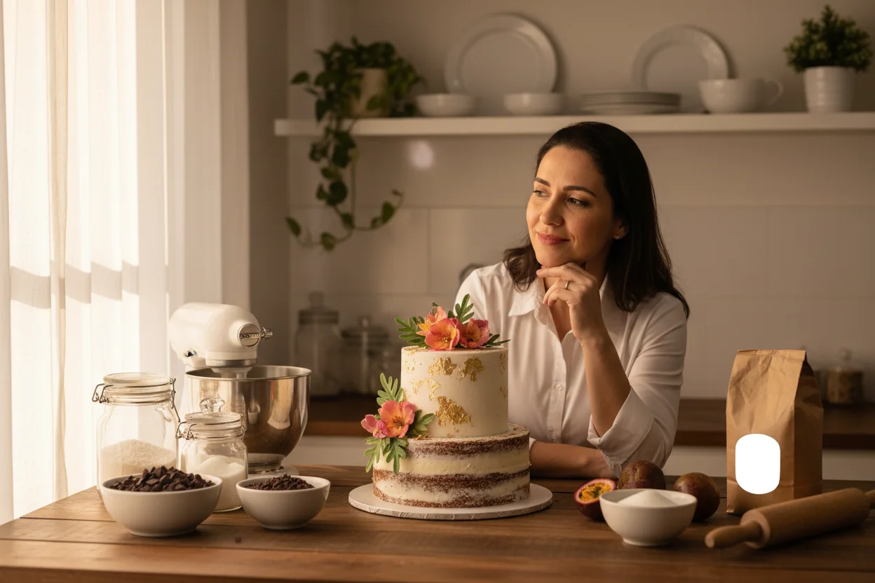 Confeiteira pensativa atrás da bancada com bolo pronto
