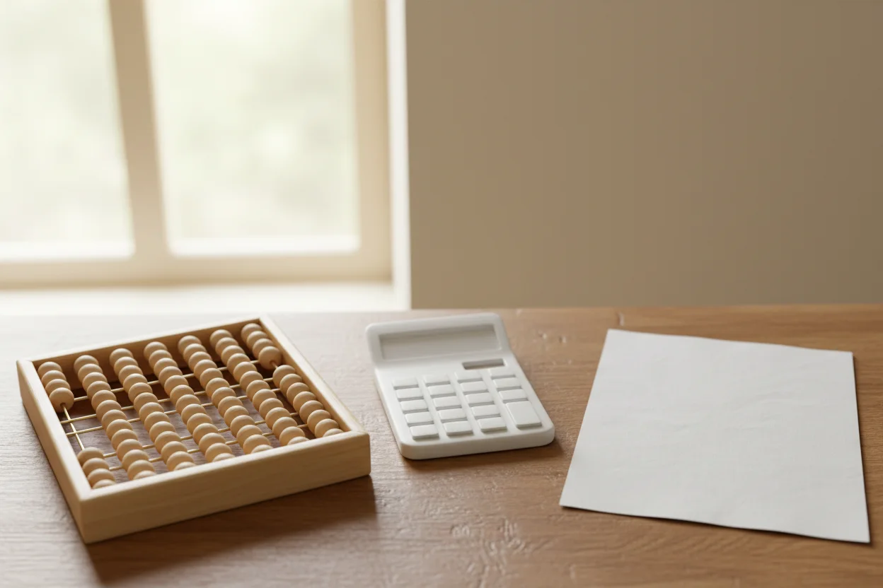 Vista de cima de fichas de contas, calculadora com teclas em branco e papel dobrado em bancada de cozinha