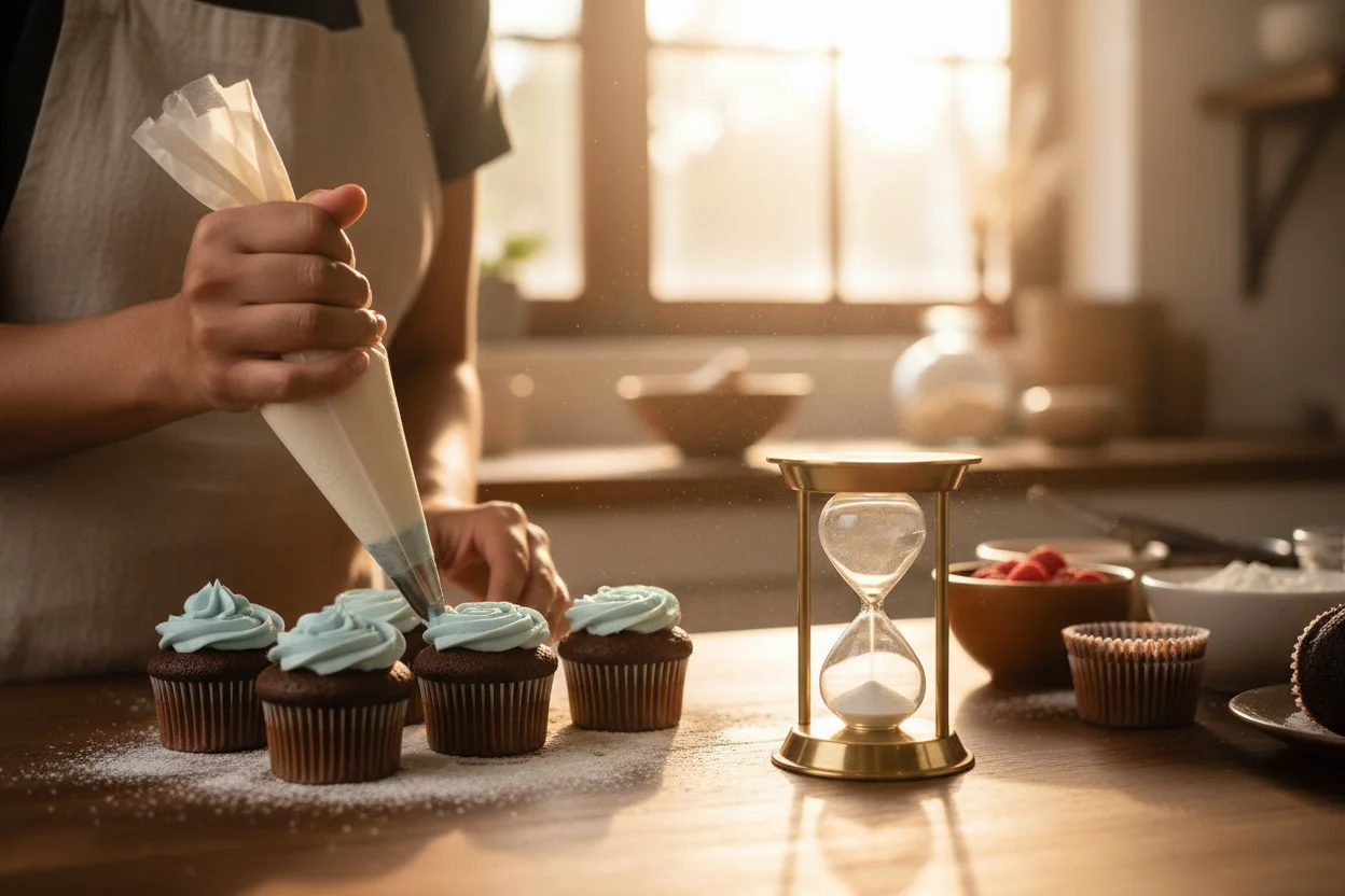 Confeiteira decorando cupcakes com saco de confeitar, ampulheta pequena sobre a mesa, luz de janela a tarde