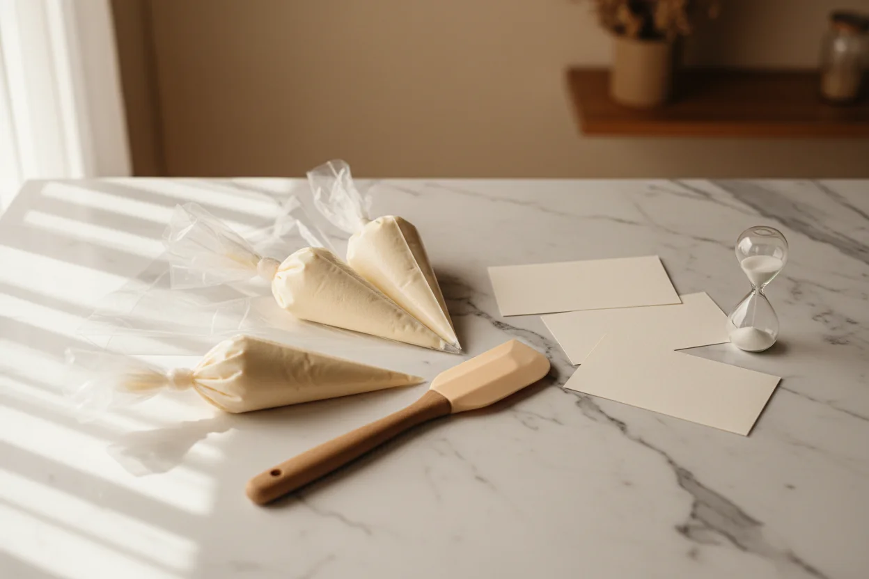 Flat lay de ferramentas de confeitaria em marmore: sacos de confeitar espula cartoes em branco e pequena ampulheta