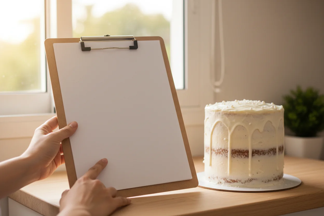 Maos segurando folha de papel totalmente em branco em prancheta de madeira ao lado de bolo coberto em bancada