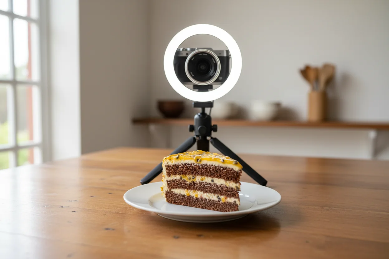 Fatia de bolo de camadas em prato branco sendo fotografada de cima com tripes pequeno e light, mesa de cozinha