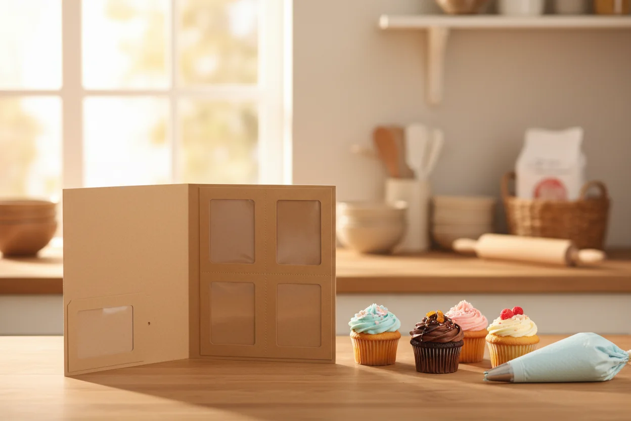 Pasta kraft aberta em bancada mostrando bolsas de fotos vazias, ao lado de cupcakes e saco de confeitar