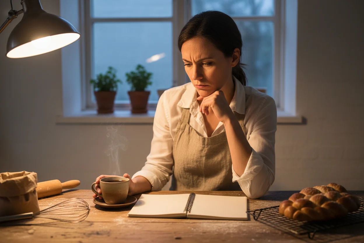 Mulher de avental revisando caderno em aberto na mesa da cozinha ao lado de xicara de cafe, luz de lampada