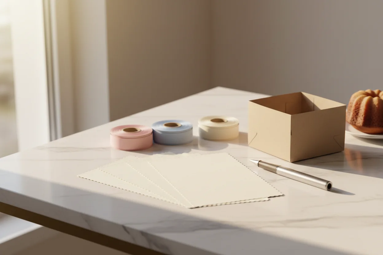 Flat lay de ferramentas de confeitaria em mesa de marmore: cartoes em branco, caneta, caixinha de bolo, rolos de fita