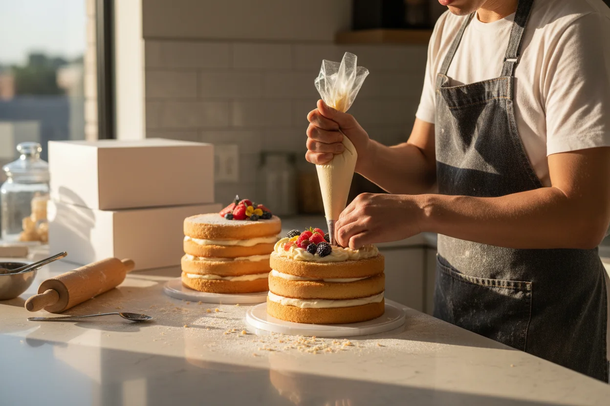 Mãos de confeiteira montando bolos em blocos de produção na cozinha