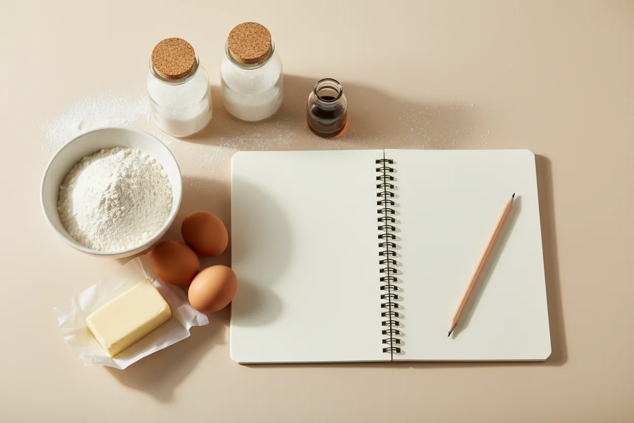 Caderno de encomendas aberto sobre a bancada de cozinha ao lado de ingredientes de confeitaria