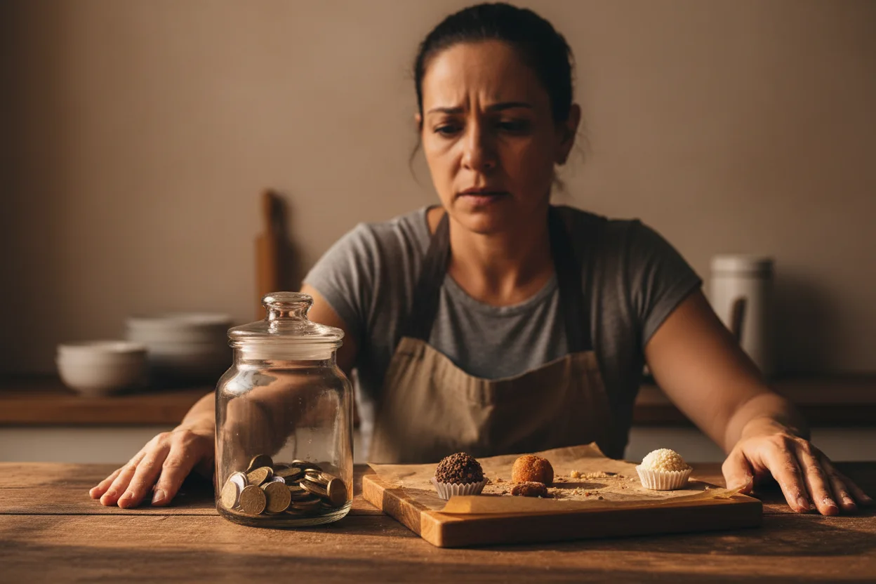 Confeiteira com expressão preocupada olhando cofre com poucas moedas