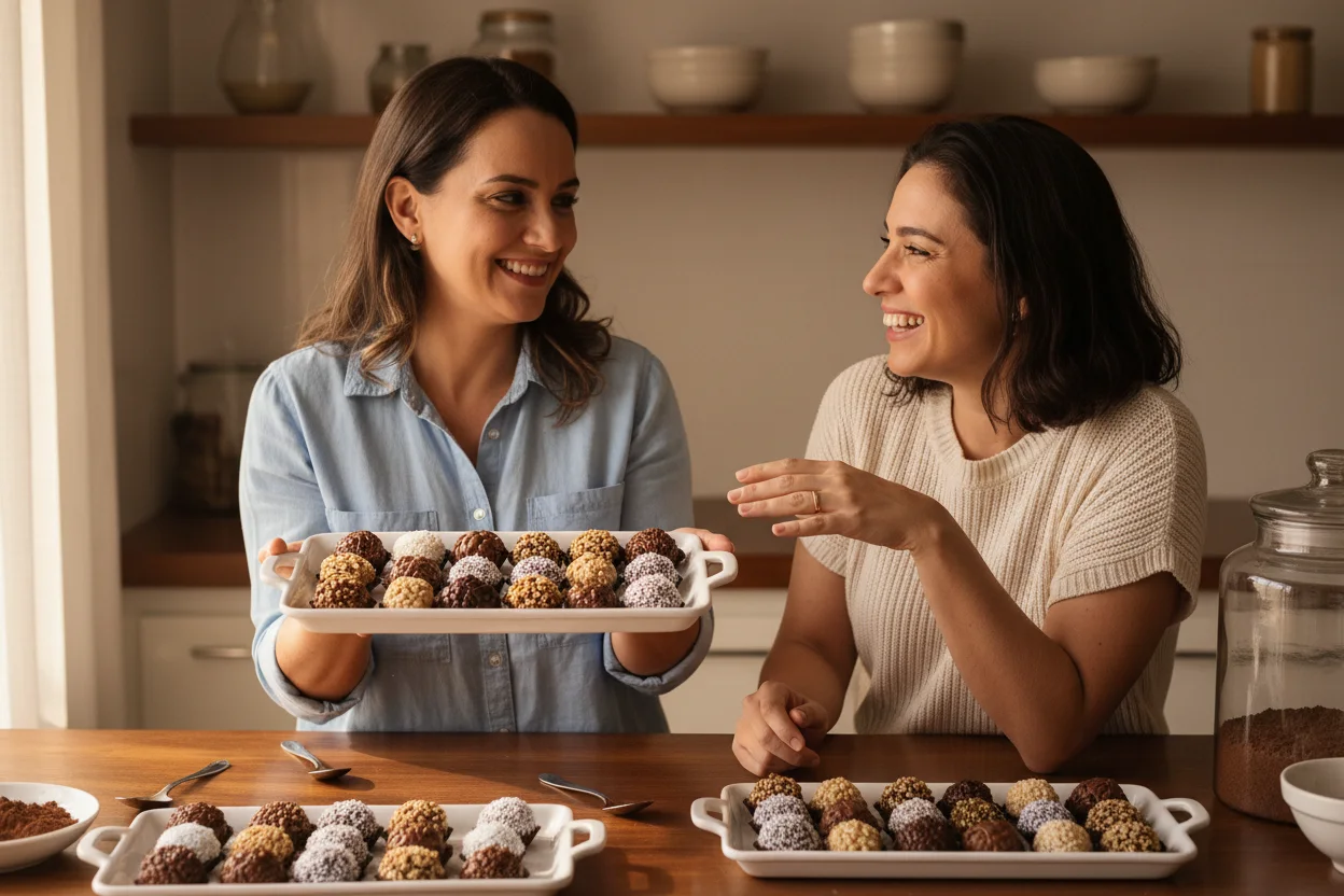 Duas mulheres conversando na bancada com bandejas de brigadeiro