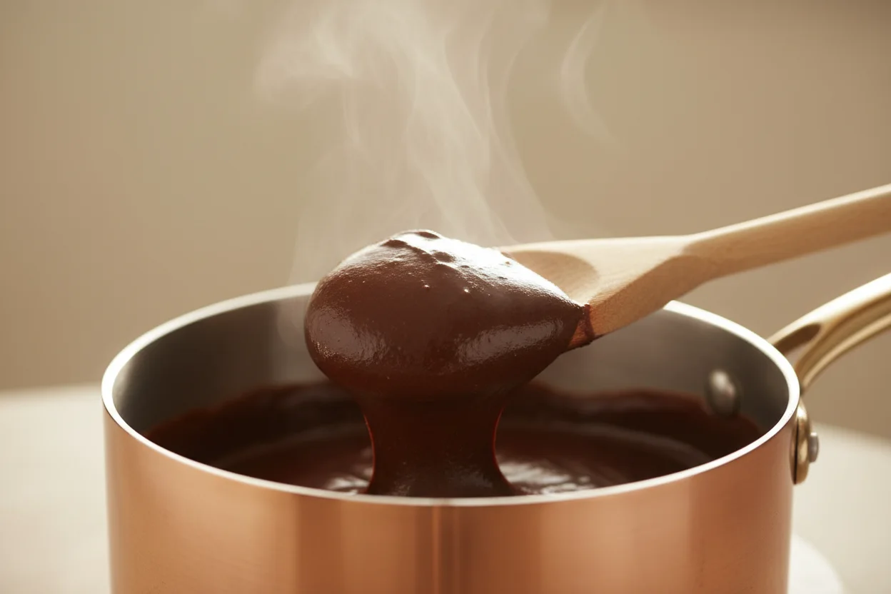 Brigadeiro sendo tirado da panela de cobre com colher de pau