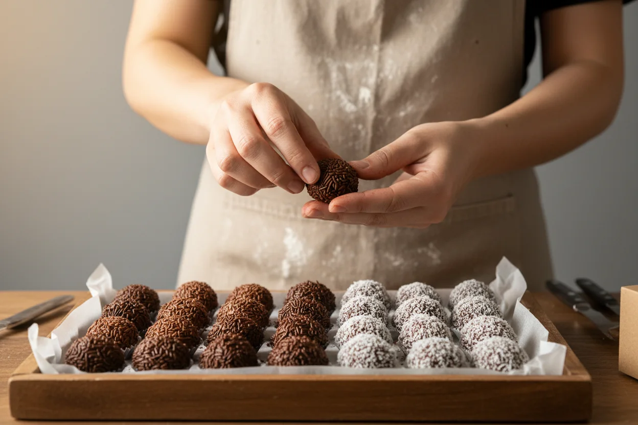 Mãos enrolando brigadeiro sobre bandeja de doces prontos