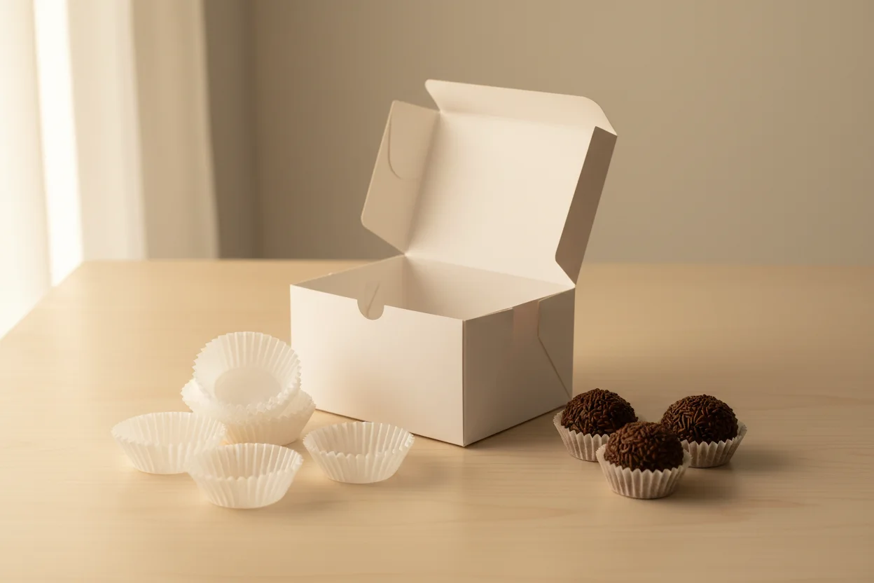 Forminhas de papel e caixa branca lisa aberta com brigadeiros