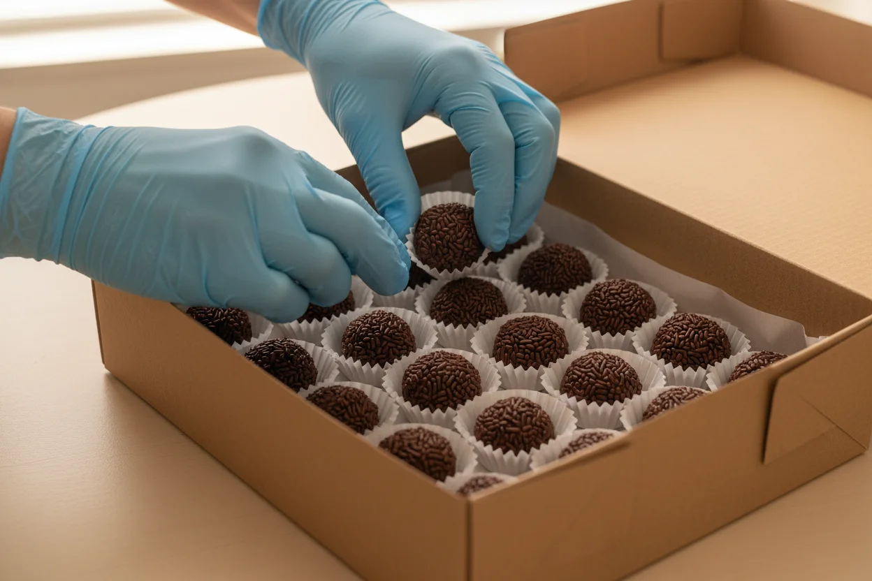 Mãos colocando brigadeiros nas forminhas dentro da caixa