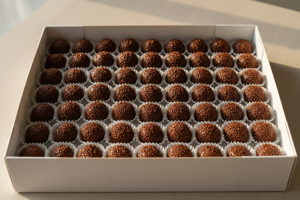 Cento de brigadeiros enfileirados em caixa branca vista de cima