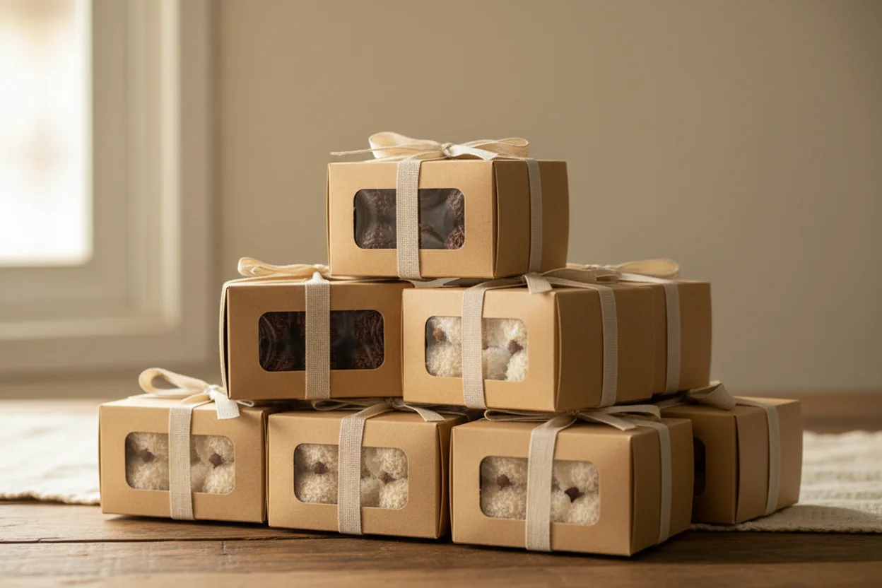 Caixinhas de presente com doces variados e fitas