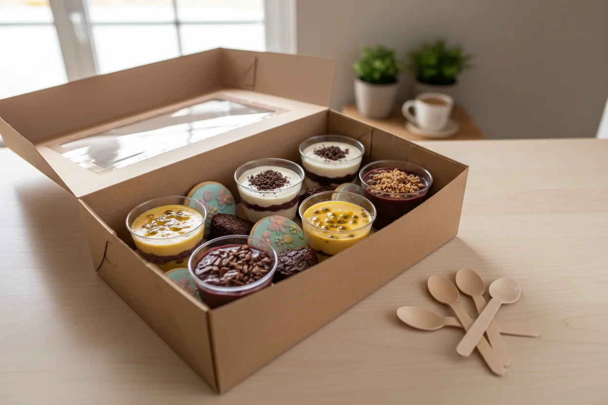 Caixa kraft aberta sobre mesa de madeira com sobremesas individuais em copinhos, biscoitos decorados e brownies