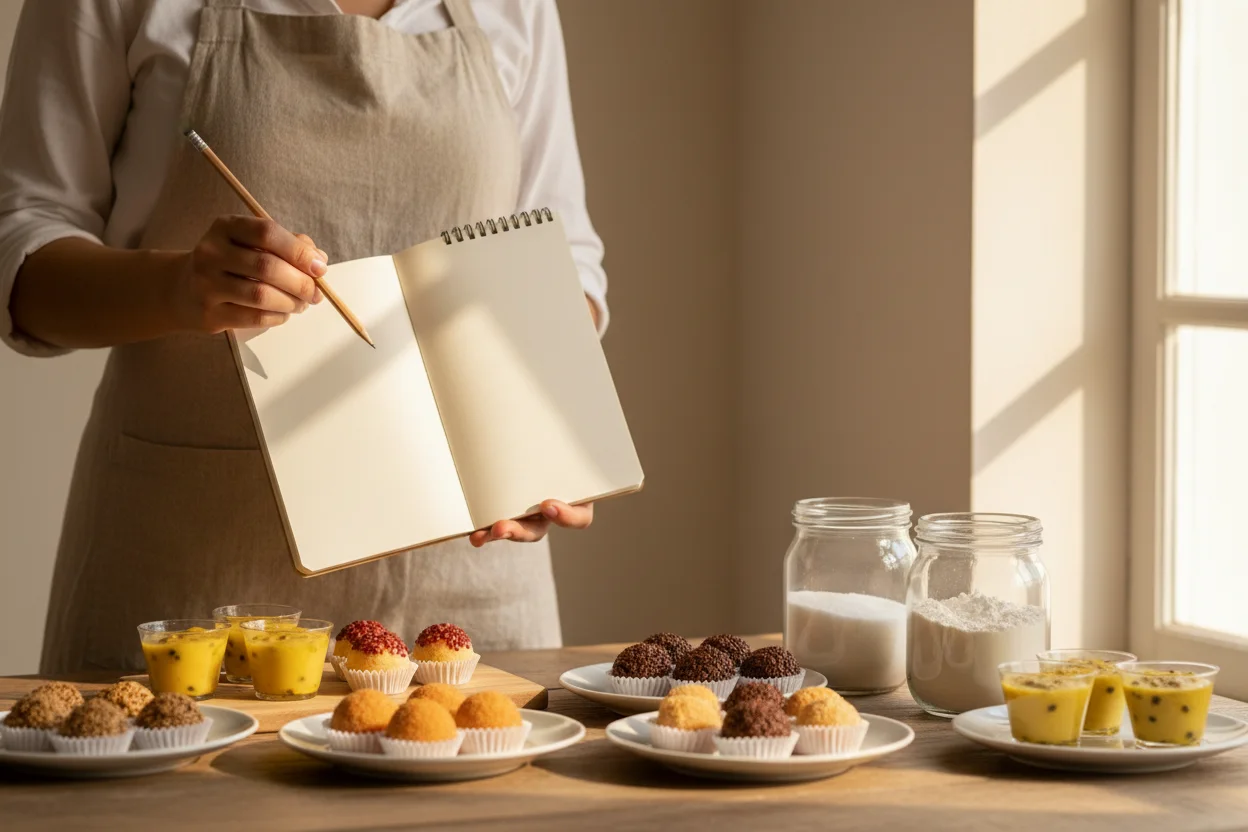 Confeiteira atualizando preços em caderno em branco com doces à frente