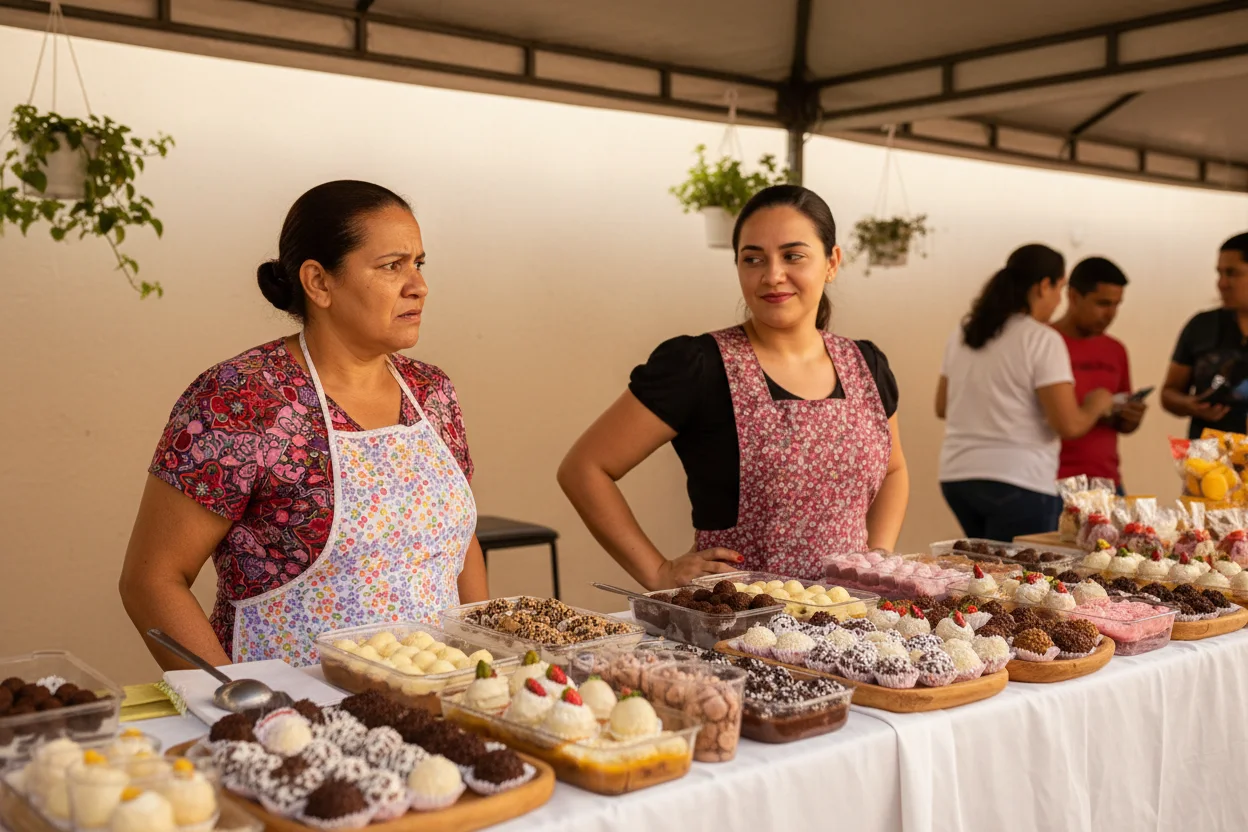 Duas confeiteiras em barracas de doce, uma observando a outra com expressão preocupada