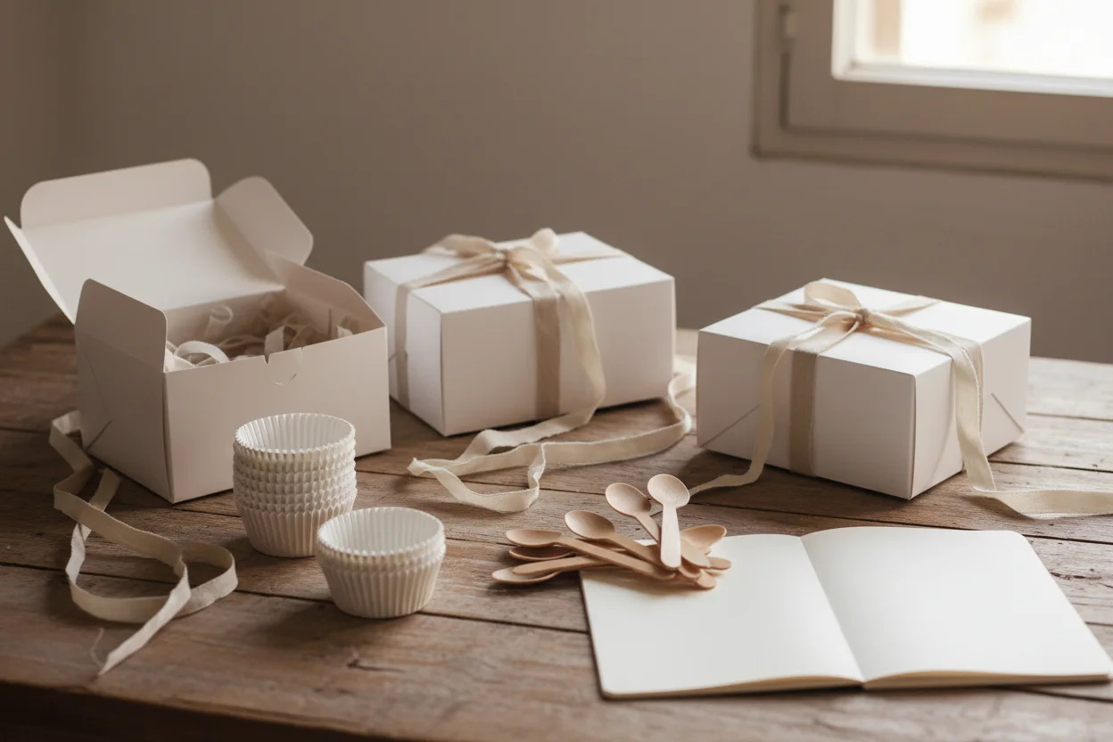 Forminhas, caixas brancas, colherinhas e fitas sobre a mesa