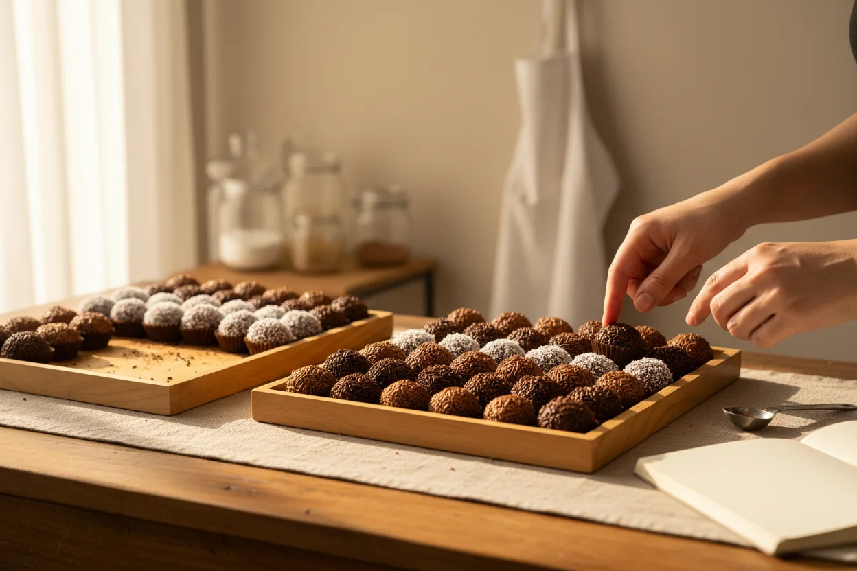Mãos contando brigadeiros prontos um a um em bandeja pela metade