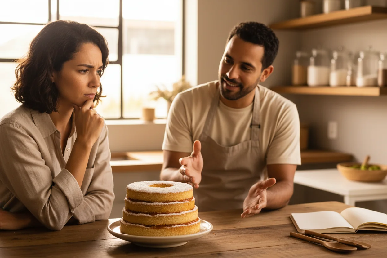 Cliente olhando bolo com expressão cética enquanto confeiteira explica