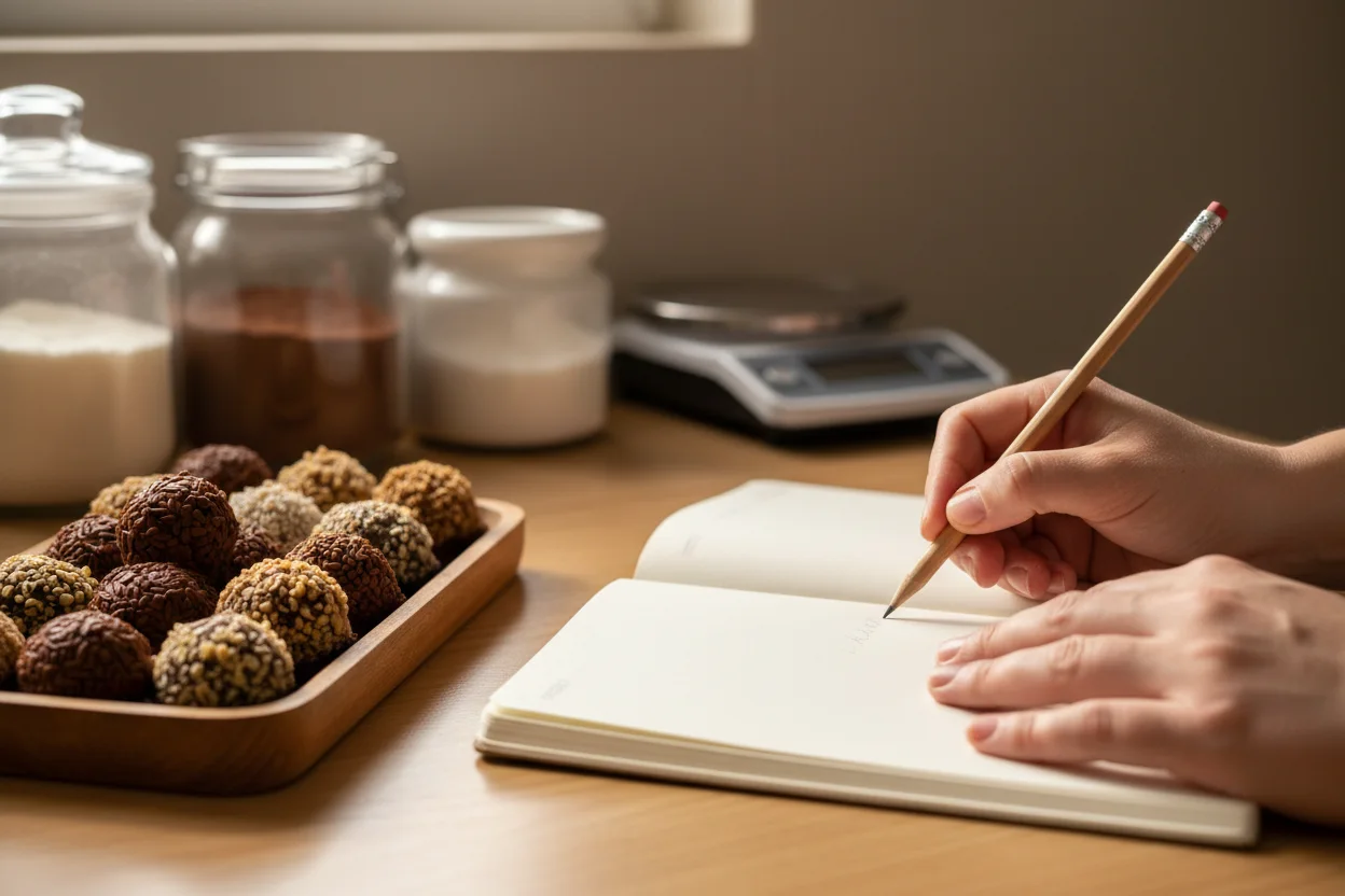 Mãos de confeiteira escrevendo em caderno aberto ao lado de travessa de doces
