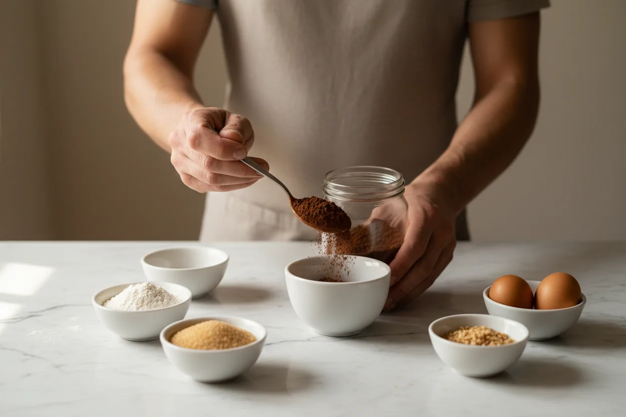 Potes de vidro com ingredientes como cacau e açúcar enfileirados