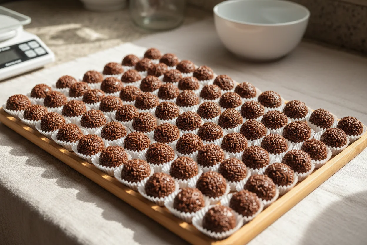 Bandeja de brigadeiros idênticos em forminhas, vista de cima