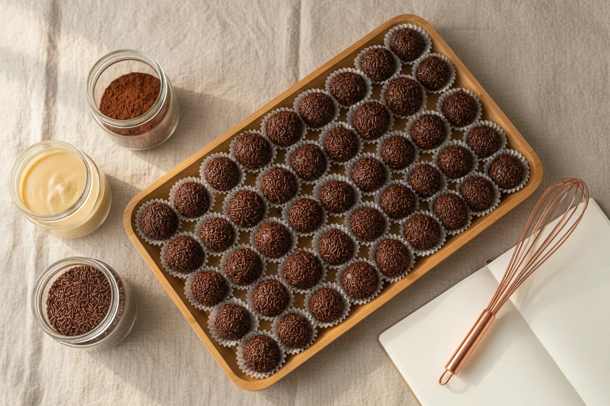 Visão de cima de fornada completa de brigadeiros com ingredientes e caderno