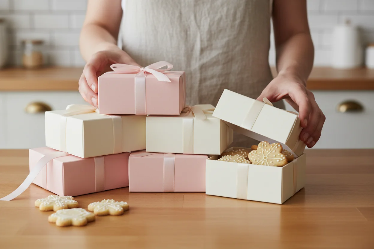 Caixas de doces montadas para festa infantil sobre a bancada da cozinha
