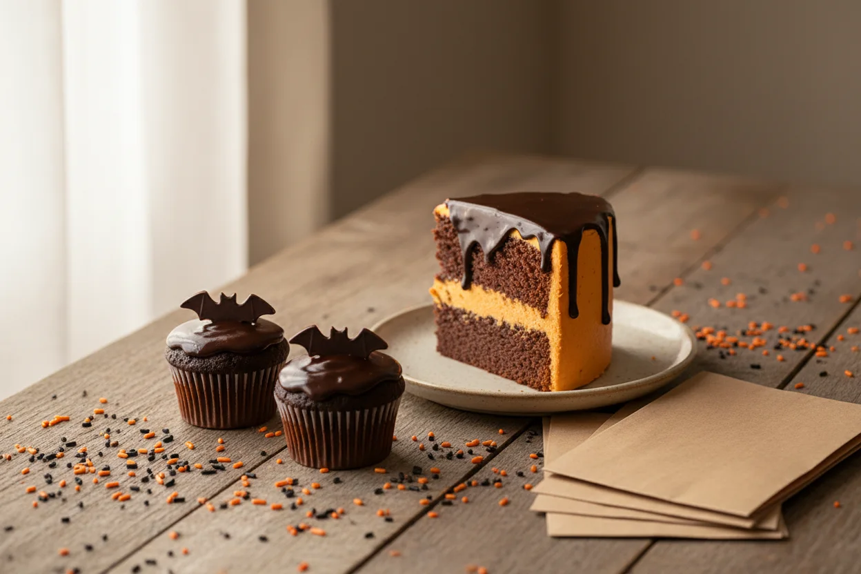Fatia de bolo de camadas laranja e chocolate com cupcakes de morcego sobre mesa de madeira rustica