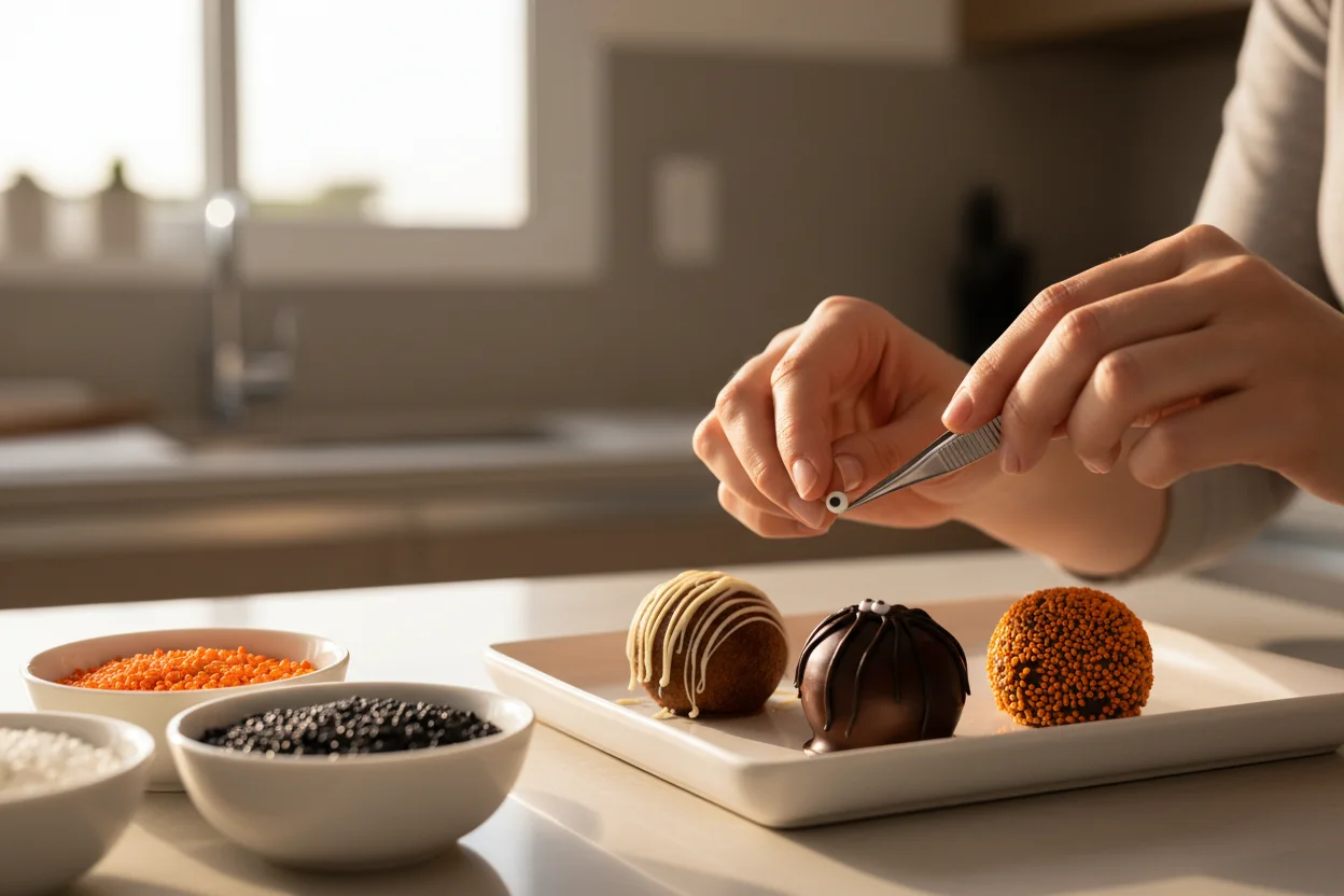 Maos decorando brigadeiros tematicos de Halloween com confeitos laranja, preto e branco em tigelas lisas