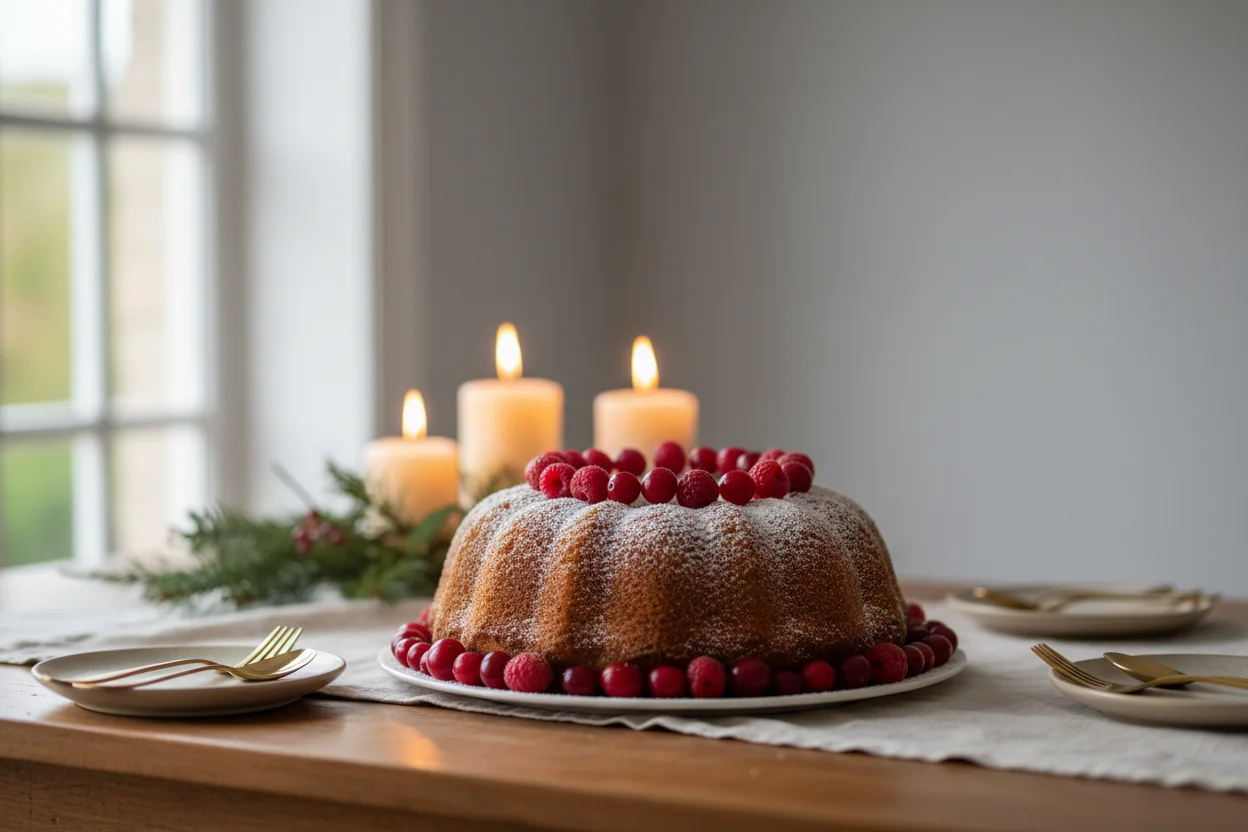 Bolo decorado com acucar de confeiteiro e frutas vermelhas em mesa de ceia de Natal com velas ao fundo