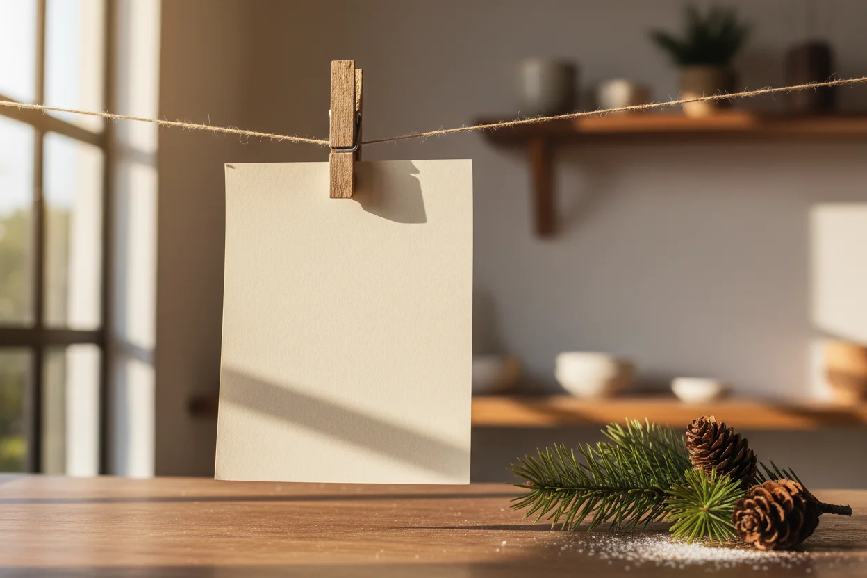 Pagina de calendario em branco com prendedor de madeira e ramo de pinheiro sobre mesa, luz da manha