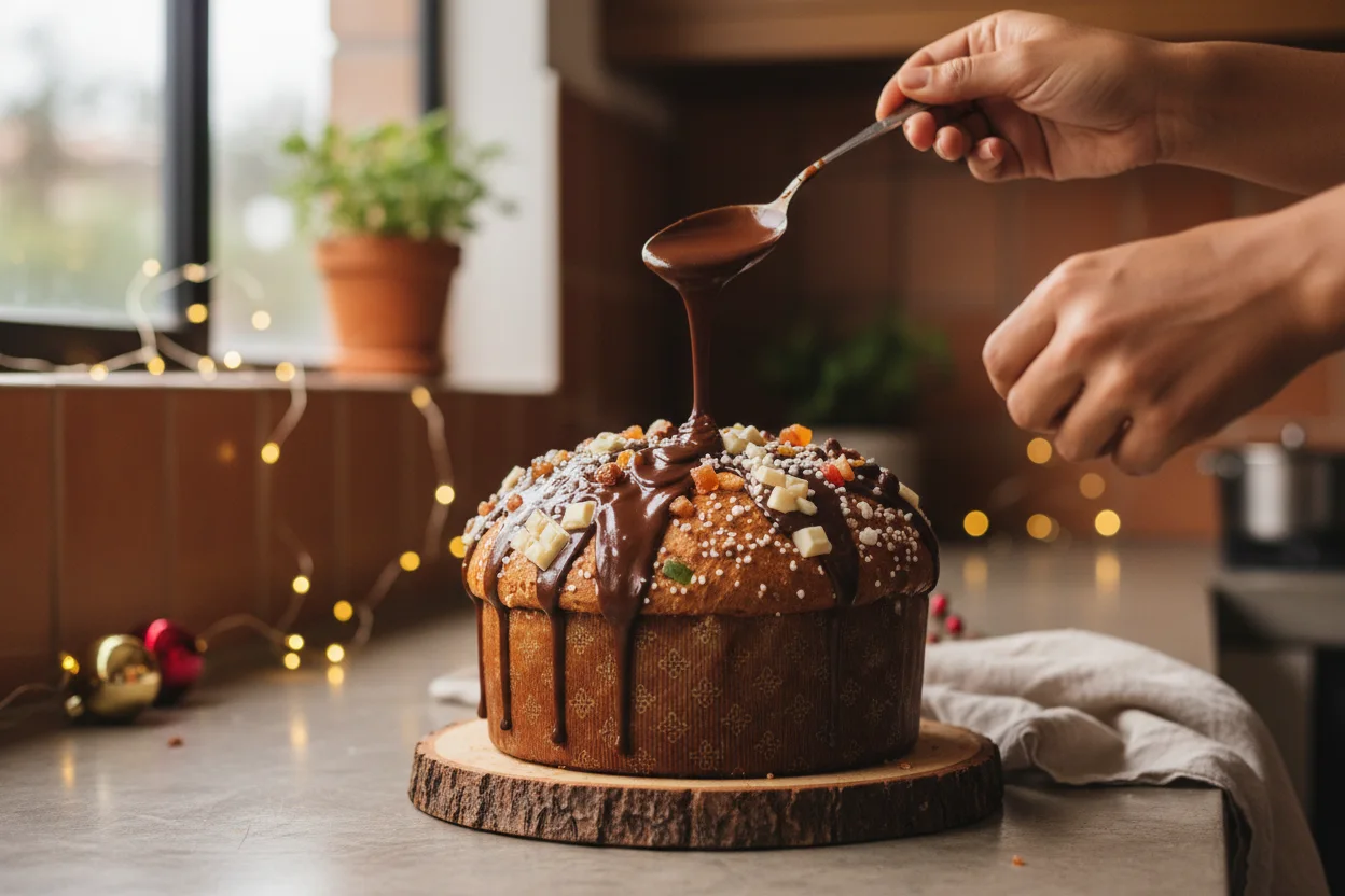 Maos cobrindo panetone decorado com ganache de chocolate em cozinha caseira