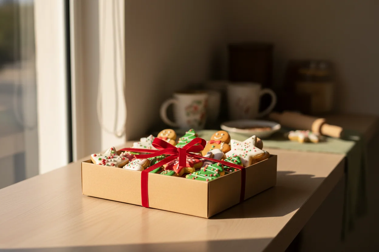Caixa de presente com biscoitos decorados de Natal com fita sobre balcao, luz de tarde