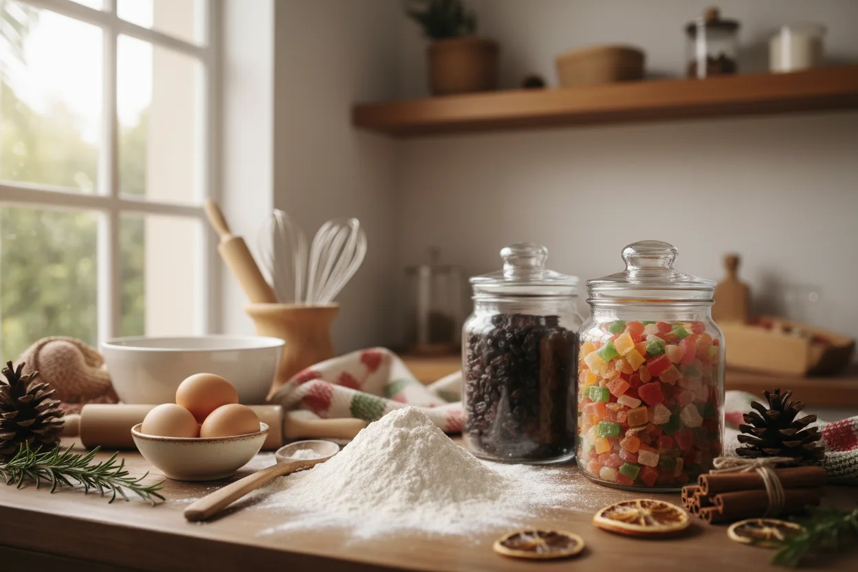 Bancada de confeitaria com ingredientes para encomenda de Natal: farinha, ovos e potes de frutas secas